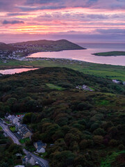 Aerial view of beautiful sunset at Portnoo seen from Clooney in County Donegal - Ireland
