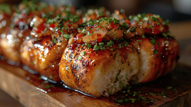 Savory Dish with Glazed Rolls and Fresh Herbs on Wooden Platter