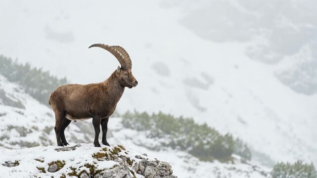 Majestic ibex standing in snow-covered mountain landscape, showcasing nature's beauty and wildlife