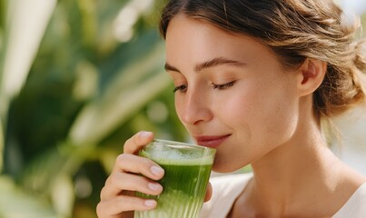 close up on a beautiful white modern woman drinking a ice matcha latte with glass of layers of green and white color swirl, 