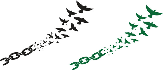 Black History Month Freedom Concept with Broken Chain and Flying Birds Silhouette Vector