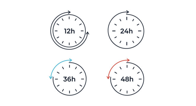 Four clock dials showing time intervals of 12, 24, 36, and 48 hours are arranged in a grid with colorful circular progress arrows.