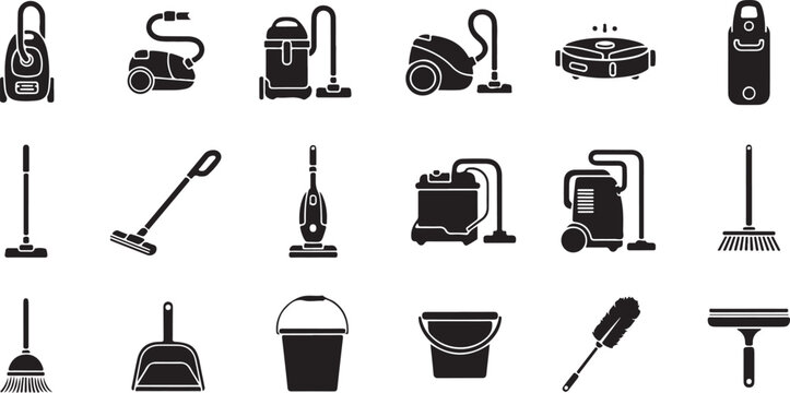 Cleaning Equipment Icons: Vacuums, Brooms, Buckets, Dusters Isolated on white background