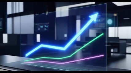 A futuristic, transparent screen displaying a 3D line graph with blue, green, and pink lines, trending upwards on a modern desk in a dark, high-tech office with blurred screens in the background - Powered by Adobe