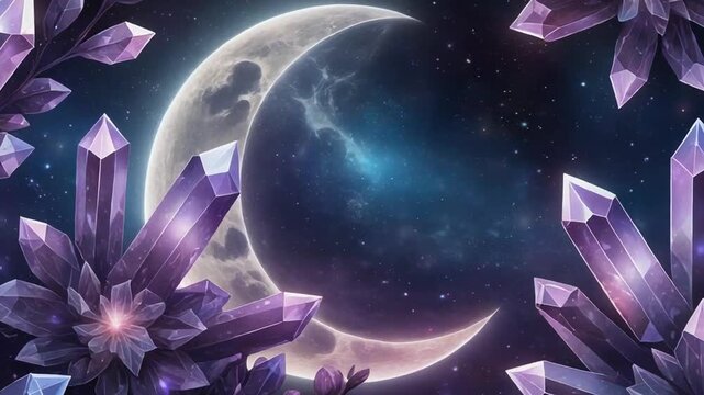 A mesmerizing night sky with a glowing crescent moon surrounded by vibrant purple crystals and stars, set against a dark celestial background, ideal for mystical or astronomical themes