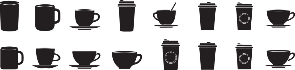 Obraz premium Coffee Cups and Mugs Collection Vector Icons Isolated on White Background