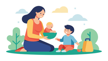 Mother with two children having a picnic outdoors, enjoying quality family time in nature