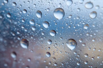 Close up view of transparent water droplets reflecting light on a surface and creating a calming visual experience in a serene setting