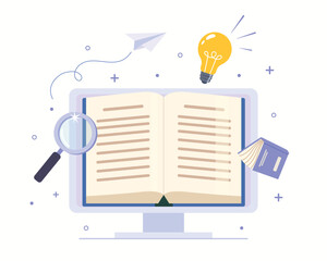 Magnifying glass, book and light bulb idea for online education concept. Education and learning vector concept.