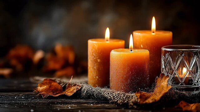 Three lit beeswax candles on a dark wooden table with warm amber glow, scattered dried autumn leaves and a crystal glass in a cozy atmosphere.
