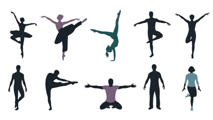 Silhouettes of people practicing yoga and various physical poses in different positions and attire