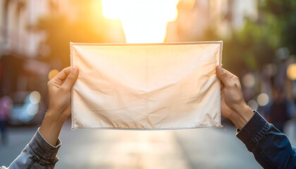 Person holding blank white envelope obscuring face on urban street for message and privacy concept