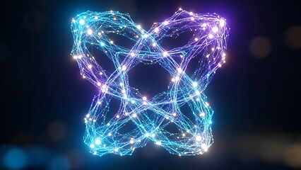 Glowing neon blue waves and fractal light patterns create a futuristic motion design with shimmering stars and energy shapes on a black space background