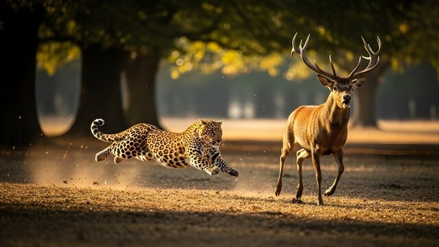 A leopard running after a deer in an open forest during golden hour light, capturing a dramatic predator and prey interaction in a realistic wildlife environment.