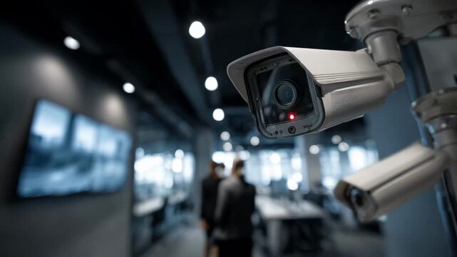 Medium shot of a modern surveillance setup featuring indoor cameras optimized for lowlight conditions in a corporate office setting.