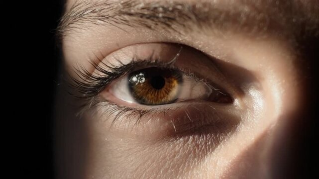 Close-up of a human eye with brown iris and long eyelashes, looking to the side, with a dark background and soft lighting, possibly for use in a medical or beauty context