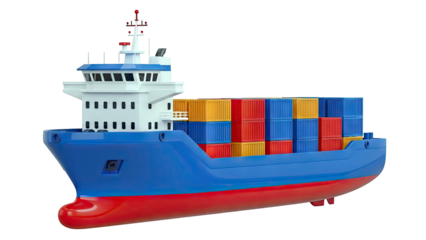 3D Rendering of a Blue Container Ship Loaded with Cargo