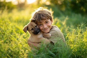 Boy shares a joyful moment with a playful puppy in a lush green field during golden hour, capturing the essence of friendship and innocence