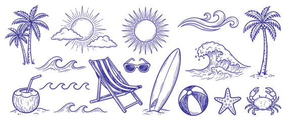 Hand drawn beach themed vector set with summer doodles, waves, palm trees, shells, crabs, sunglasses and surfboards, tropical vacation design elements for t shirt prints © HOO 