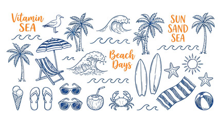 Hand drawn beach themed vector set with summer doodles, waves, palm trees, shells, crabs, sunglasses and surfboards, tropical vacation design elements for t shirt prints © HOO 