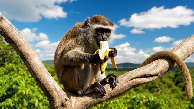 A monkey eating a banana on a tree branch in a natural outdoor setting with blue sky and clouds