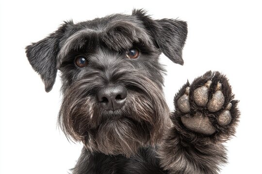 Black schnauzer dog offers friendly paw gesture in a playful interaction during a bright indoor setting