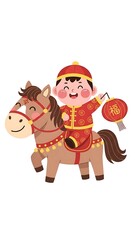 Fototapeta premium Chinese new year illustration of a boy riding a horse