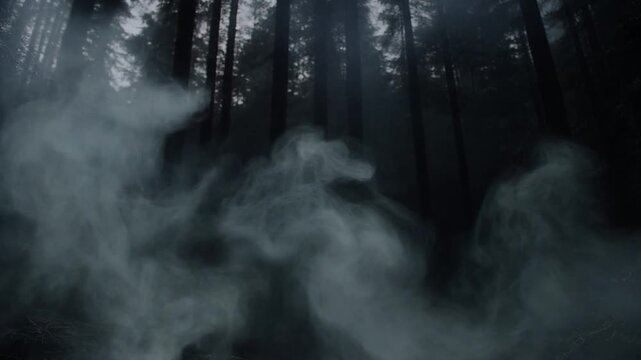 Mysterious fog swirling through dark forest, trees looming in background, eerie atmosphere