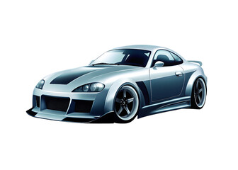 Naklejka premium Silver sports car with black stripes on hood and side panels isolated on a transparent background silver car