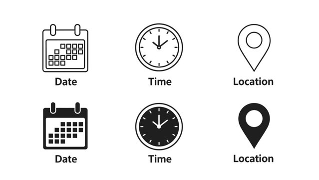 Collection of outline and filled icons representing essential scheduling concepts like date calendar time clock and geographic location map pin markers for navigation