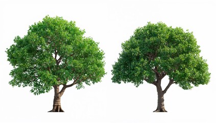 Pair of healthy green trees with dense foliage on clean backdrop, botanical nature elements for eco branding, environmental posters, landscaping and gardening visuals