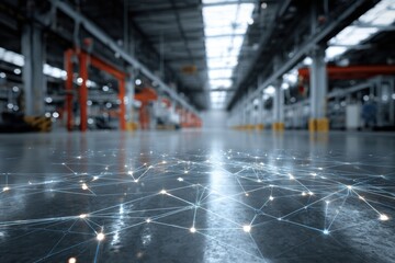 Digital network overlay on an industrial factory floor shows the integration of technology in manufacturing