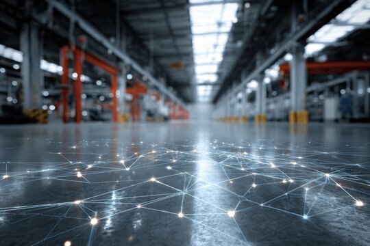 Digital network overlay on an industrial factory floor shows the integration of technology in manufacturing - Powered by Adobe