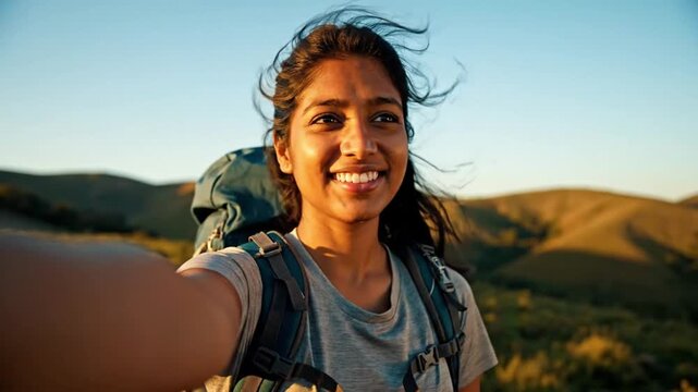 Happy Young Indian Woman Backpacker Taking a Selfie in Beautiful Mountain Landscape During Golden Hour