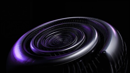 Circular metallic coil with glossy reflections and deep shadows, modern abstract technology themed artwork for design, branding and sci-fi environments