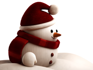 Smiling snowman wearing red hat and scarf on white snow isolated on a transparent background
