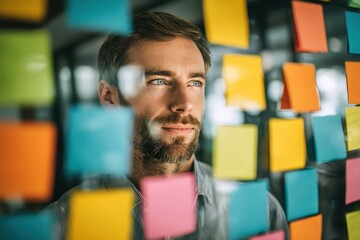 Businessman analyzing creative ideas on colorful sticky notes in a modern office environment during the day