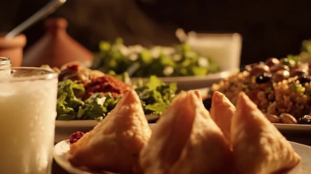 Golden Hour Dolly Over Opulent Traditional Iftar Spread Dates Laban Middle Eastern Dishes