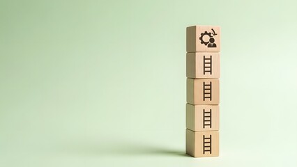 Corporate ladder concept with stacked wooden cubes and person icon