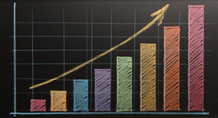 bar chart drawn with chalk on a blackboard shows increasing values, highlighted by a yellow upward trend line symbolizing growth and progress