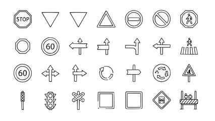 Collection of Hand Drawn Traffic and Road Signs Icons. © rara
