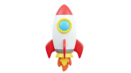 3D cartoon rocket ship launching with flames