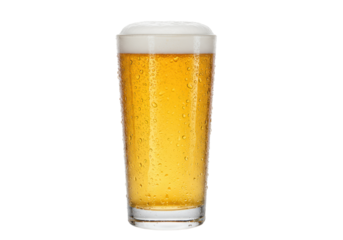 Flawless american pint glass filled with effervescent pale golden light lager and creamy foam, heavy condensation, isolated on transparent, concept for refreshing beverage advertising