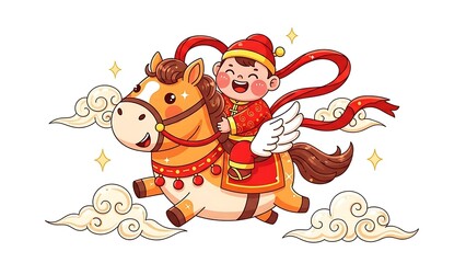 Chinese new year illustration boy riding horse