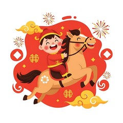 Chinese new year illustration with boy riding horse