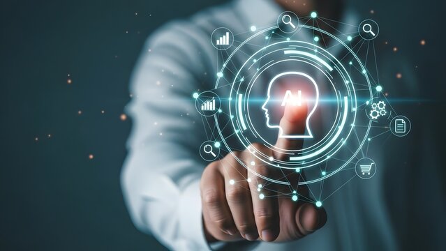 Human finger interacting with glowing AI technology interface - Powered by Adobe