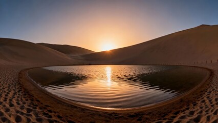 Sunset over a desert oasis with reflective water surrounded by sand dunes