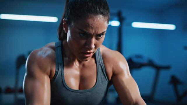Intense Close-Up of a Muscular Female Athlete Training Hard on a Rowing Machine in a Gym with a Focused Expression