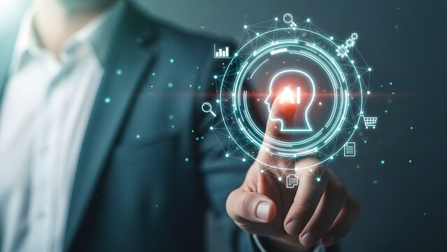 Businessman using advanced AI interface for data analysis and tech - Powered by Adobe