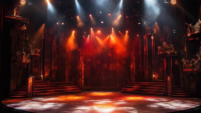 Stage setup illuminated by colorful lights in a theater ready for a performance
